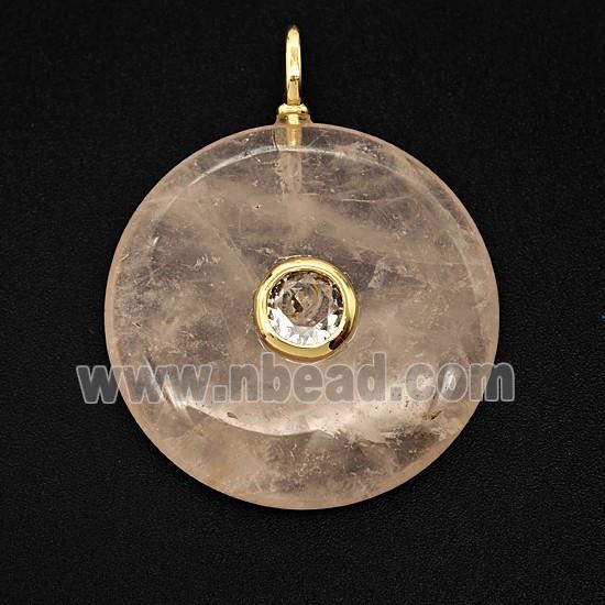 Natural Pink Rose Quartz Coin Pendant Pave Zirconia
