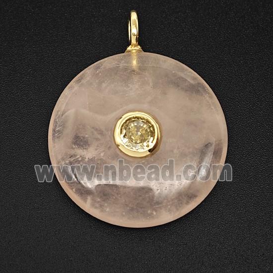 Natural Pink Rose Quartz Coin Pendant Pave Zirconia