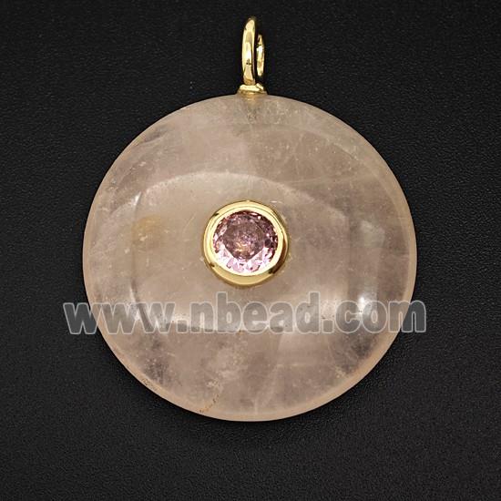 Natural Pink Rose Quartz Coin Pendant Pave Zirconia
