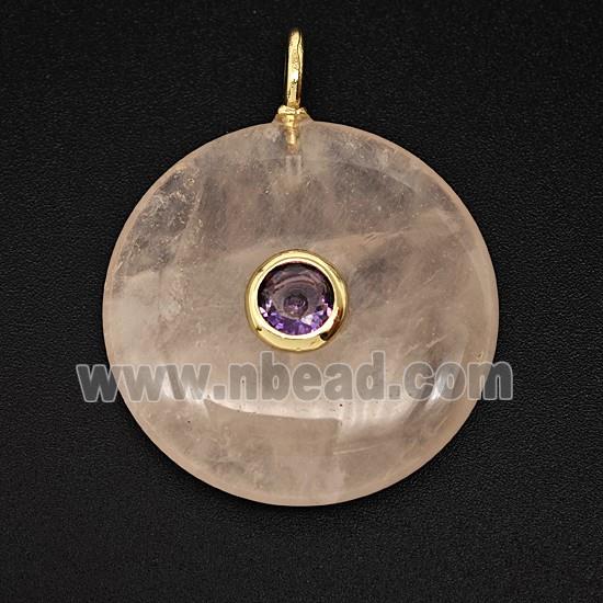 Natural Pink Rose Quartz Coin Pendant Pave Zirconia