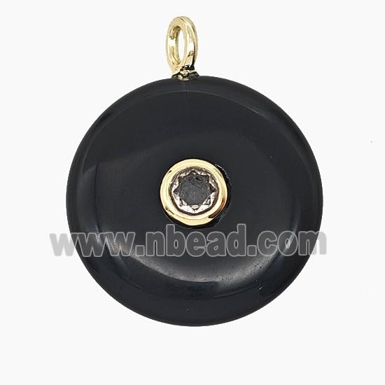 Natural Black Obsidian Coin Pendant Pave Zirconia