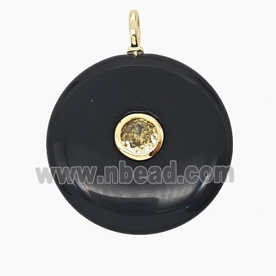 Natural Black Obsidian Coin Pendant Pave Zirconia