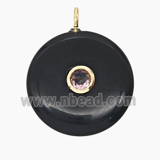 Natural Black Obsidian Coin Pendant Pave Zirconia