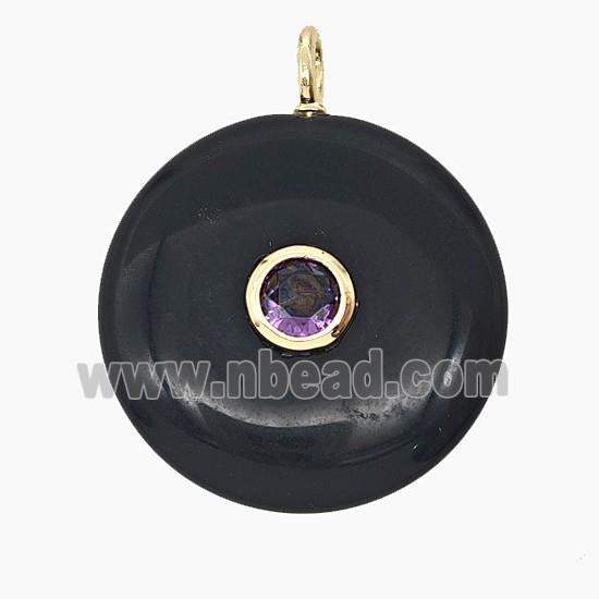 Natural Black Obsidian Coin Pendant Pave Zirconia