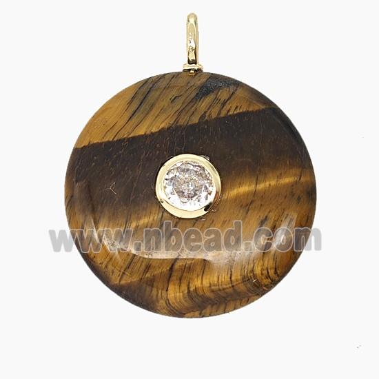 Natural Tiger Eye Stone Coin Pendant Pave Zirconia
