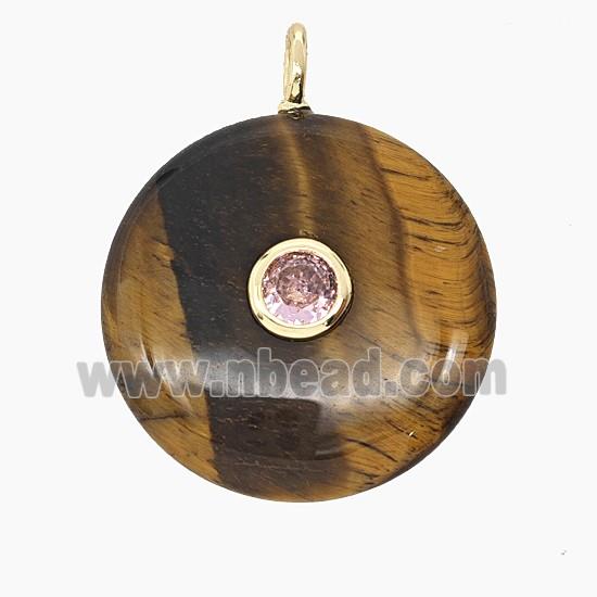 Natural Tiger Eye Stone Coin Pendant Pave Zirconia