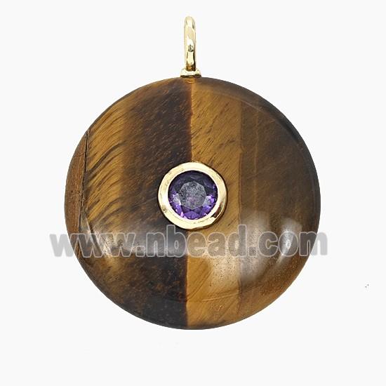 Natural Tiger Eye Stone Coin Pendant Pave Zirconia