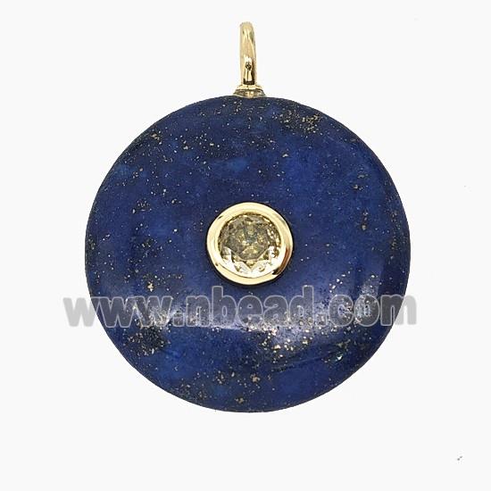 Natural Blue Lapis Lazuli Coin Pendant Pave Zirconia