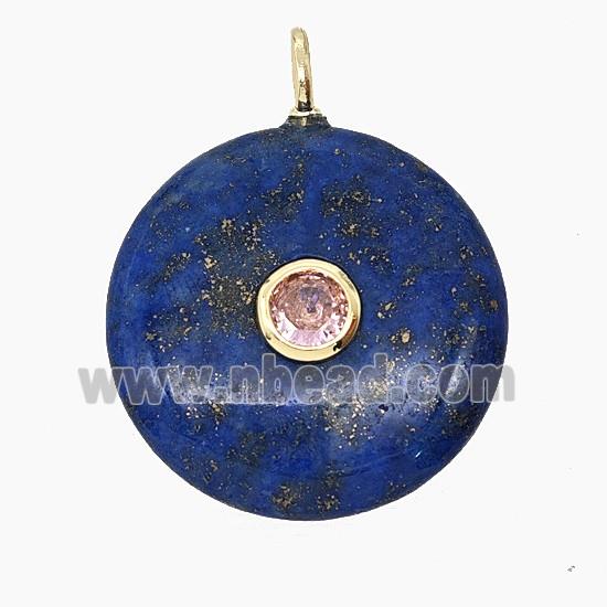 Natural Blue Lapis Lazuli Coin Pendant Pave Zirconia
