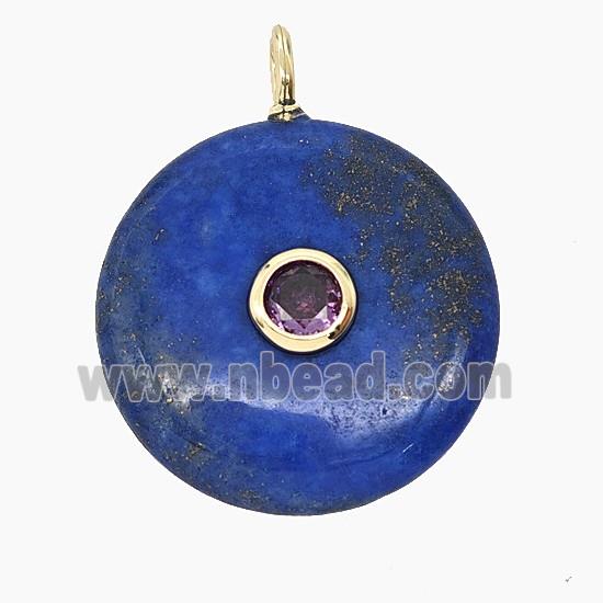 Natural Blue Lapis Lazuli Coin Pendant Pave Zirconia