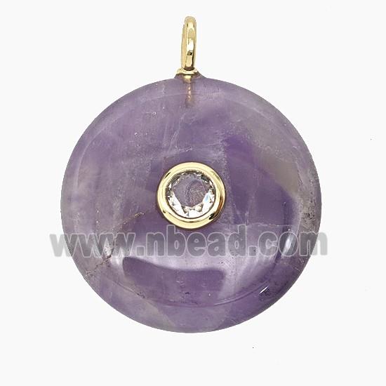 Natural Purple Amethyst Coin Pendant Pave Zirconia