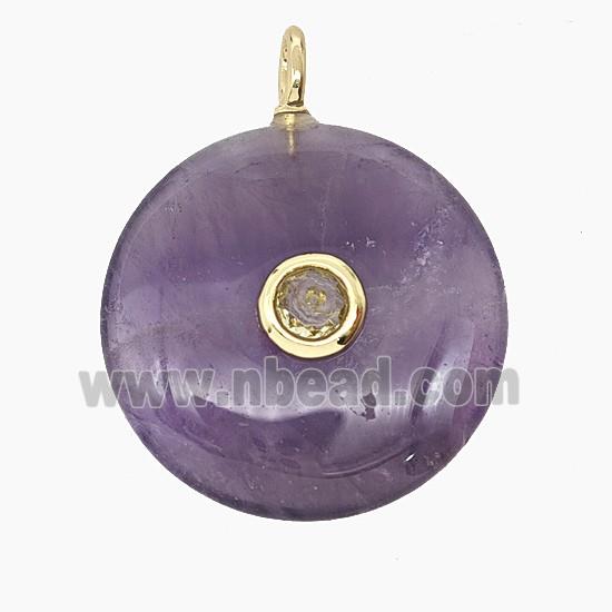 Natural Purple Amethyst Coin Pendant Pave Zirconia