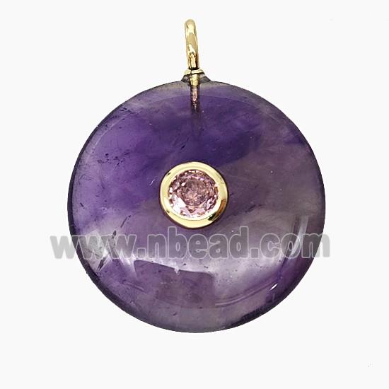 Natural Purple Amethyst Coin Pendant Pave Zirconia
