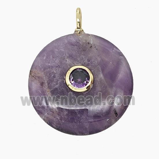 Natural Purple Amethyst Coin Pendant Pave Zirconia
