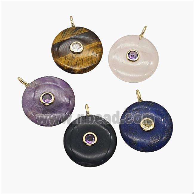 Natural Gemstone Coin Pendant Pave Zirconia Mix