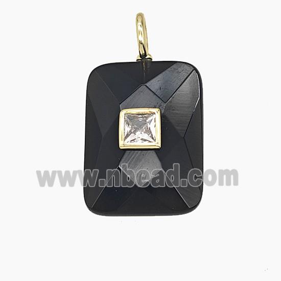 Natural Black Obsidian Rectangle Pendant Pave Zirconia Faceted