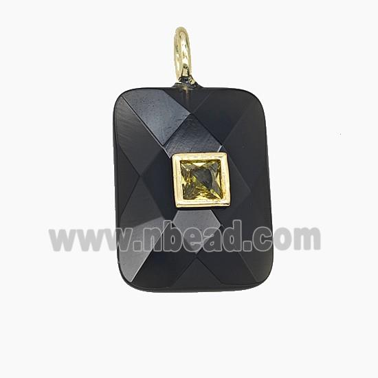 Natural Black Obsidian Rectangle Pendant Pave Zirconia Faceted