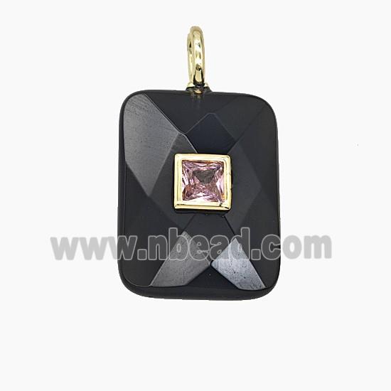 Natural Black Obsidian Rectangle Pendant Pave Zirconia Faceted