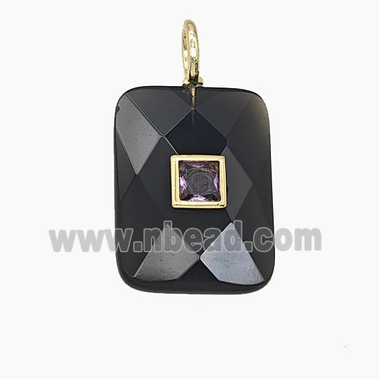 Natural Black Obsidian Rectangle Pendant Pave Zirconia Faceted