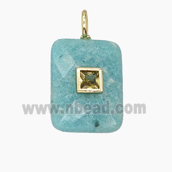 Natural Green Amazonite Rectangle Pendant Pave Zirconia Faceted