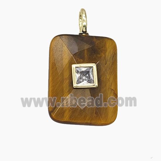 Natural Tiger Eye Stone Rectangle Pendant Pave Zirconia