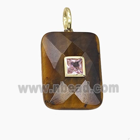 Natural Tiger Eye Stone Rectangle Pendant Pave Zirconia