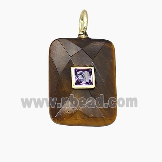 Natural Tiger Eye Stone Rectangle Pendant Pave Zirconia