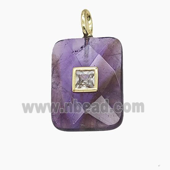 Natural Purple Amethyst Rectangle Pendant Pave Zirconia