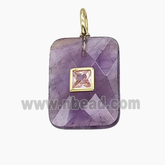 Natural Purple Amethyst Rectangle Pendant Pave Zirconia