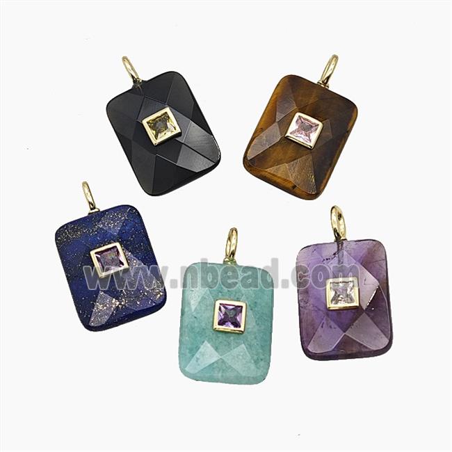 Natural Gemstone Rectangle Pendant Pave Zirconia Faceted Mixed