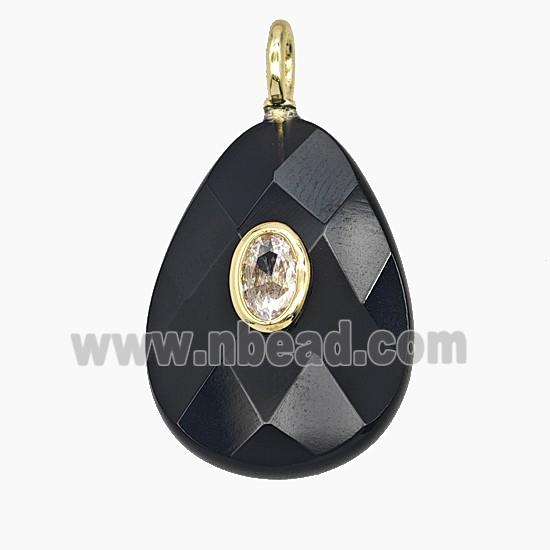 Natural Black Obsidian Teardrop Pendant Pave Zirconia Faceted