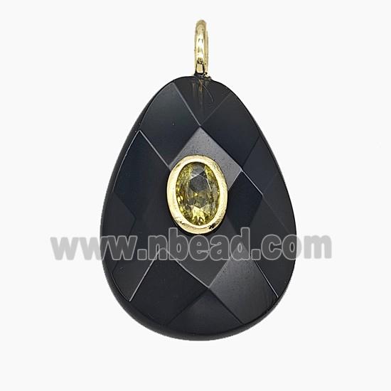 Natural Black Obsidian Teardrop Pendant Pave Zirconia Faceted