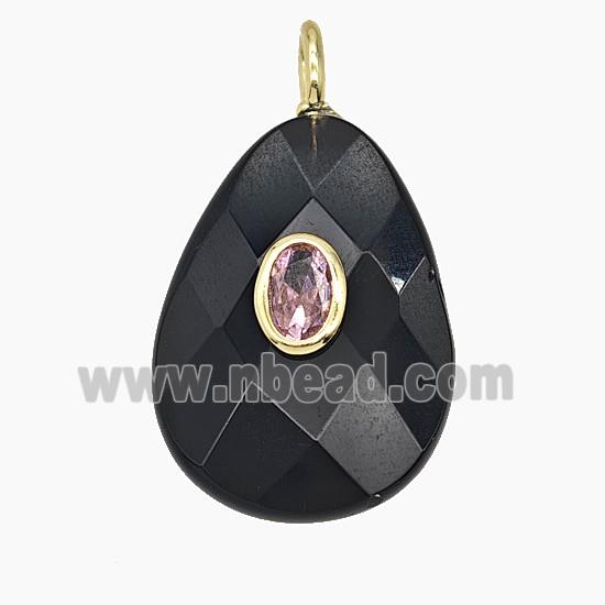 Natural Black Obsidian Teardrop Pendant Pave Zirconia Faceted