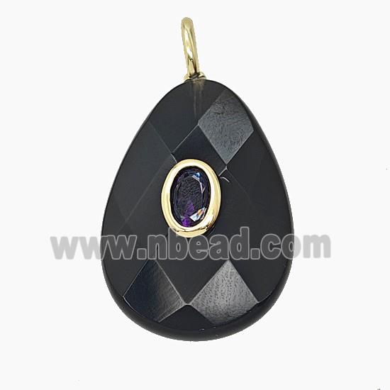 Natural Black Obsidian Teardrop Pendant Pave Zirconia Faceted