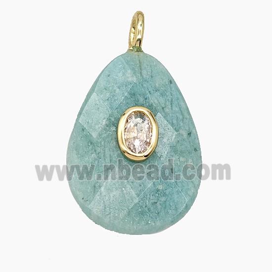 Natural Green Amazonite Teardrop Pendant Pave Zirconia Faceted