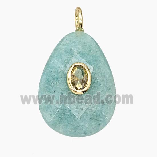 Natural Green Amazonite Teardrop Pendant Pave Zirconia Faceted