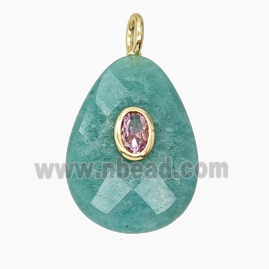 Natural Green Amazonite Teardrop Pendant Pave Zirconia Faceted
