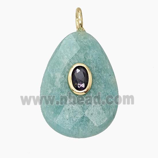 Natural Green Amazonite Teardrop Pendant Pave Zirconia Faceted