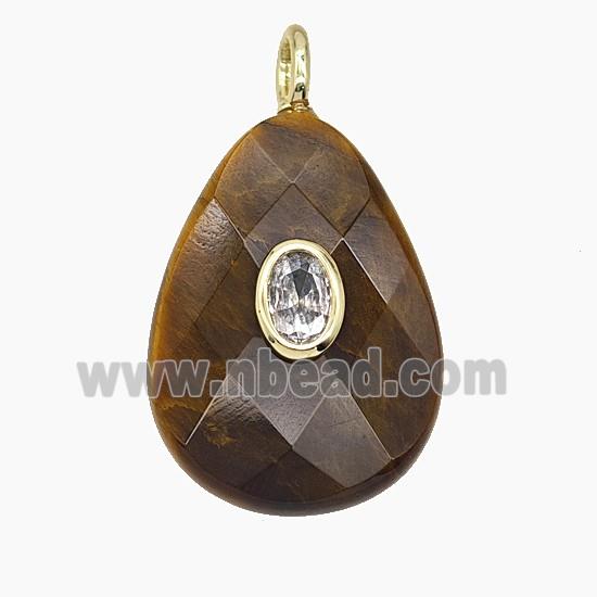 Natural Tiger Eye Stone Teardrop Pendant Pave Zirconia Faceted