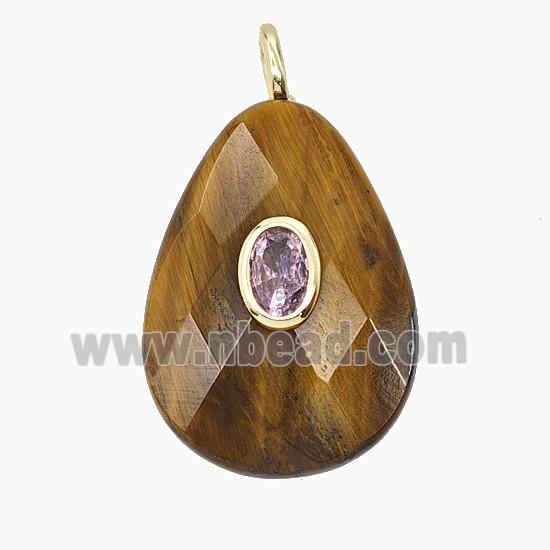 Natural Tiger Eye Stone Teardrop Pendant Pave Zirconia Faceted