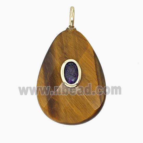 Natural Tiger Eye Stone Teardrop Pendant Pave Zirconia Faceted