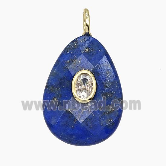 Natural Blue Lapis Lazuli Teardrop Pendant Pave Zirconia Faceted