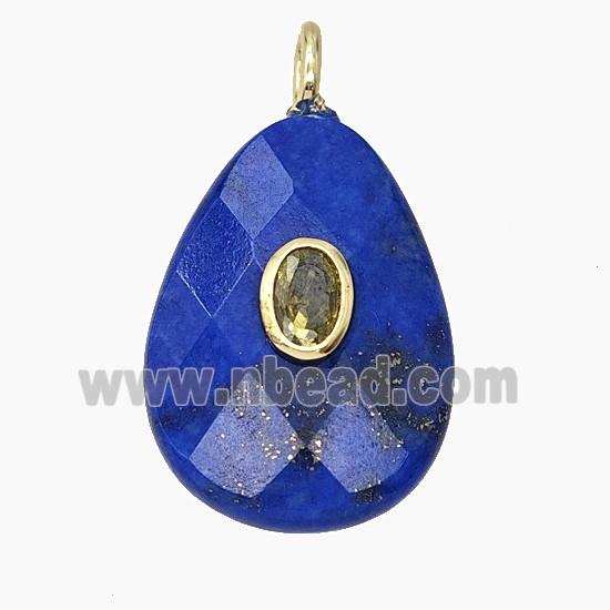 Natural Blue Lapis Lazuli Teardrop Pendant Pave Zirconia Faceted