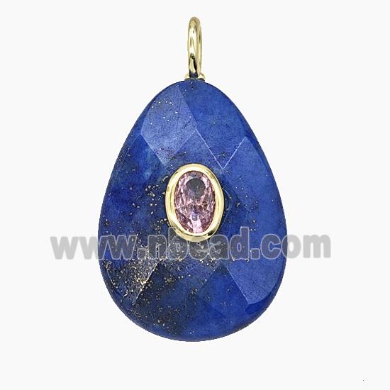 Natural Blue Lapis Lazuli Teardrop Pendant Pave Zirconia Faceted