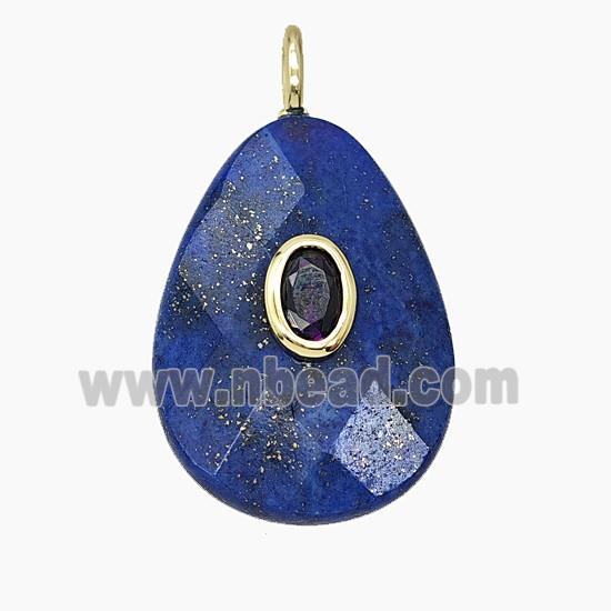 Natural Blue Lapis Lazuli Teardrop Pendant Pave Zirconia Faceted