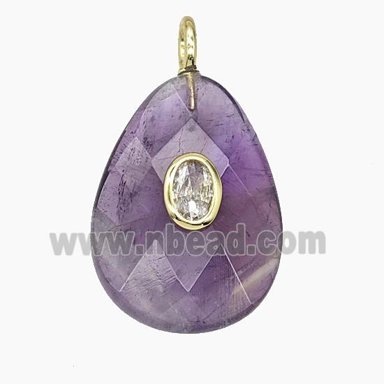 Natural Purple Amethyst Teardrop Pendant Pave Zirconia Faceted