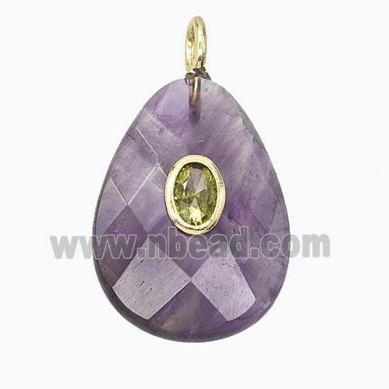 Natural Purple Amethyst Teardrop Pendant Pave Zirconia Faceted