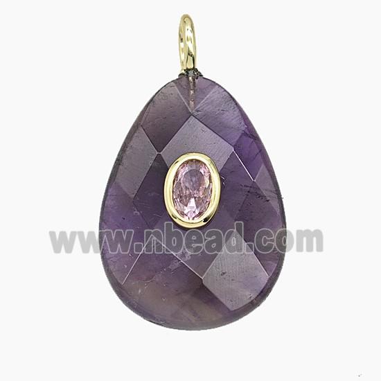 Natural Purple Amethyst Teardrop Pendant Pave Zirconia Faceted
