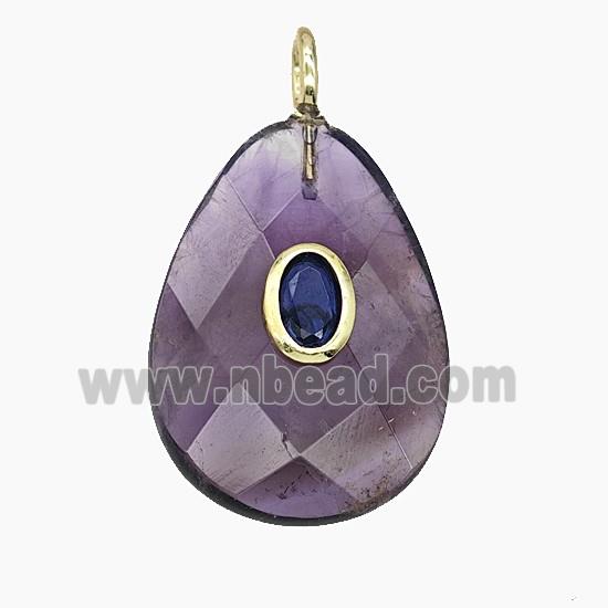 Natural Purple Amethyst Teardrop Pendant Pave Zirconia Faceted