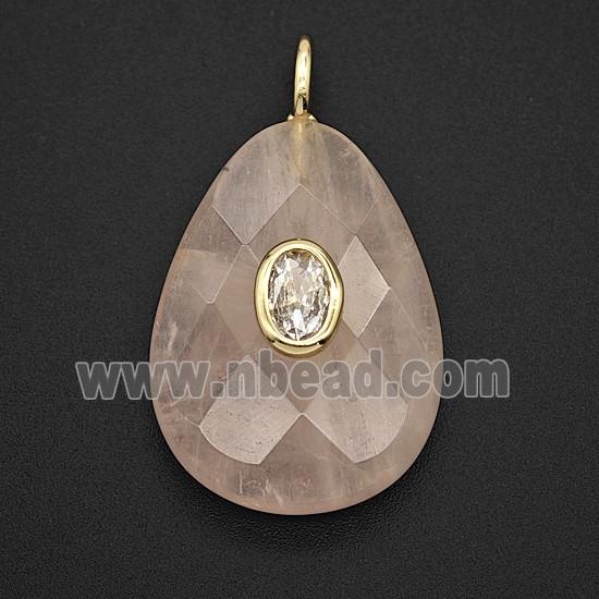 Natural Clear Crystal Quartz Teardrop Pendant Pave Zirconia Faceted